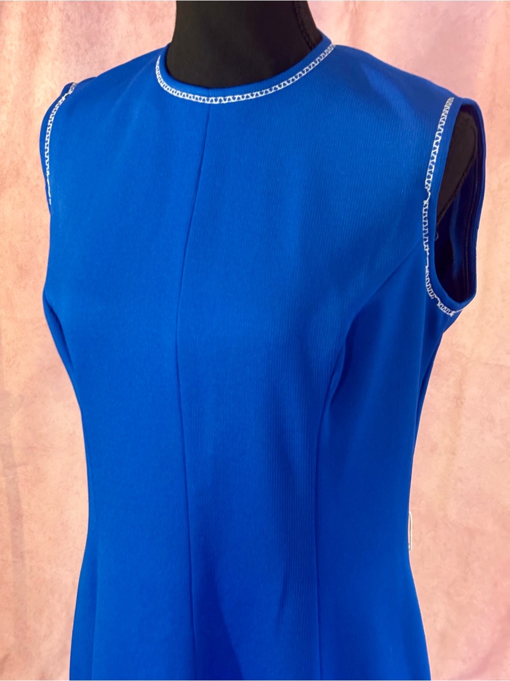 Vintage 60s 70s Butte Knit Royal Blue Mod Fit & Flare Dress Sleeveless Trim M/L - Picture 4 of 16